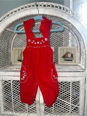 Vintage Mini Togs Red Velvet Floral Embroidered Baby Romper Overalls